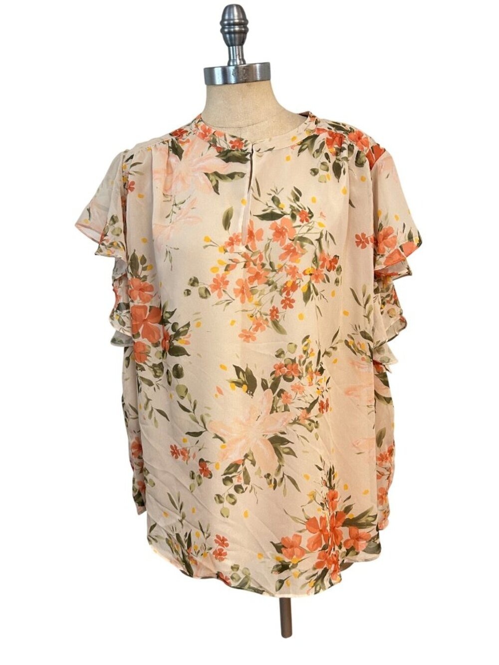 NWT Magaschoni Woman Floral Print Top With Flutter Sleeves Beige/Orange Size 3X